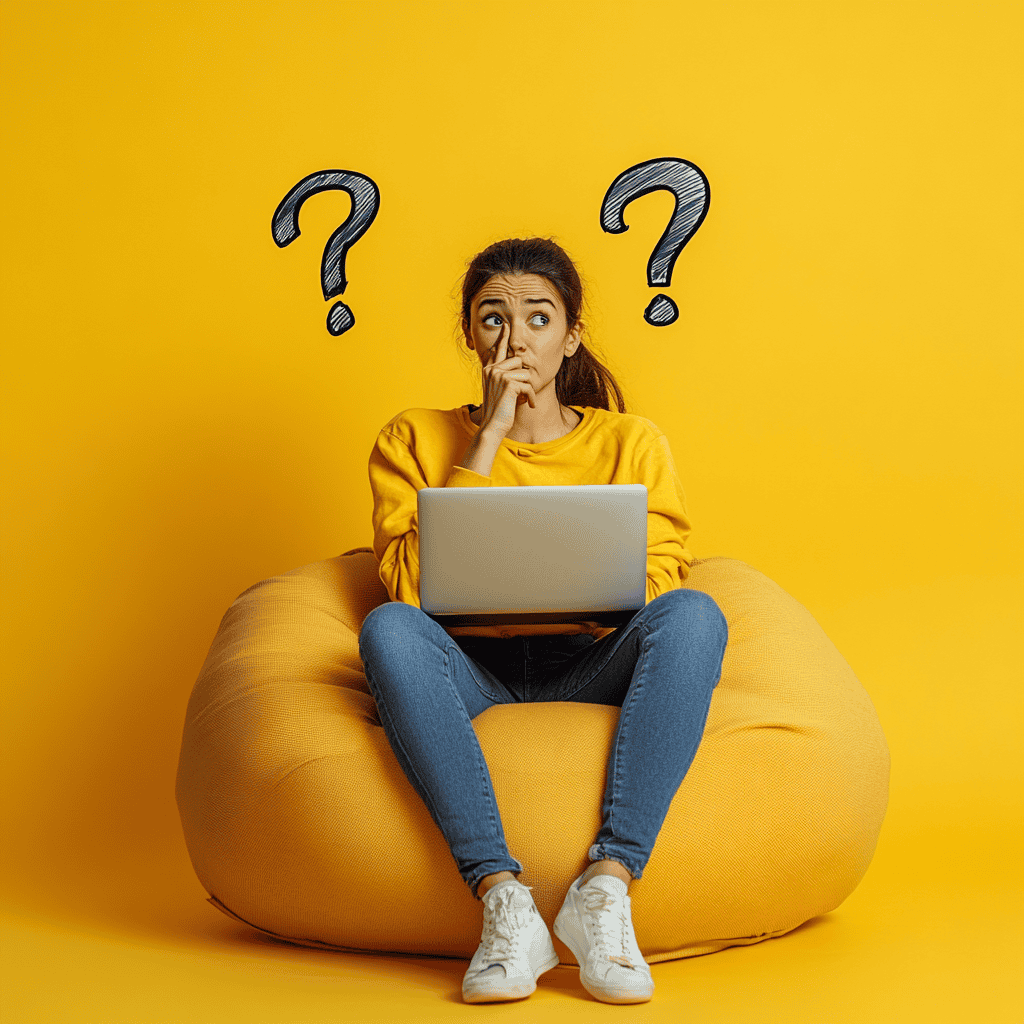 a person working on laptop on bean bag sitting forward and thinking with hand on mouth and question marks